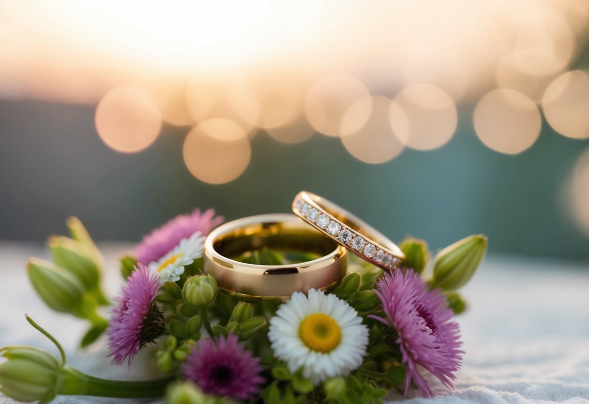A pair of gold wedding rings resting on a bed of fresh flowers with a soft, romantic lighting in the background