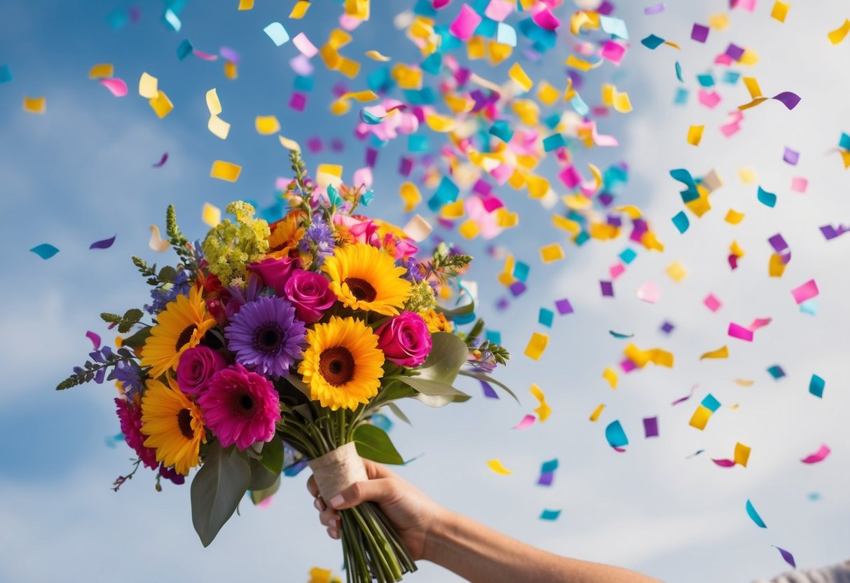 A colorful bouquet of flowers and confetti falling from the sky in a joyful and celebratory manner