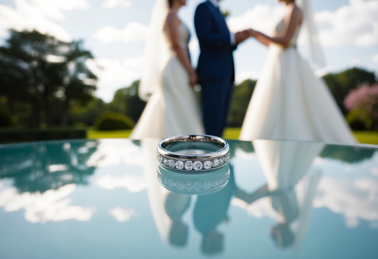 A bride's reflection in a polished surface reveals a groom's wedding band