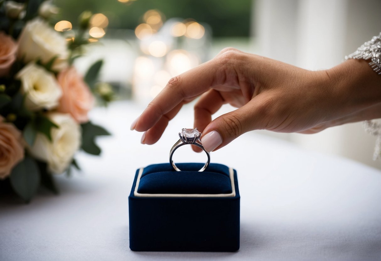 A bride's hand reaches out to gently touch a groom's wedding band displayed on a table