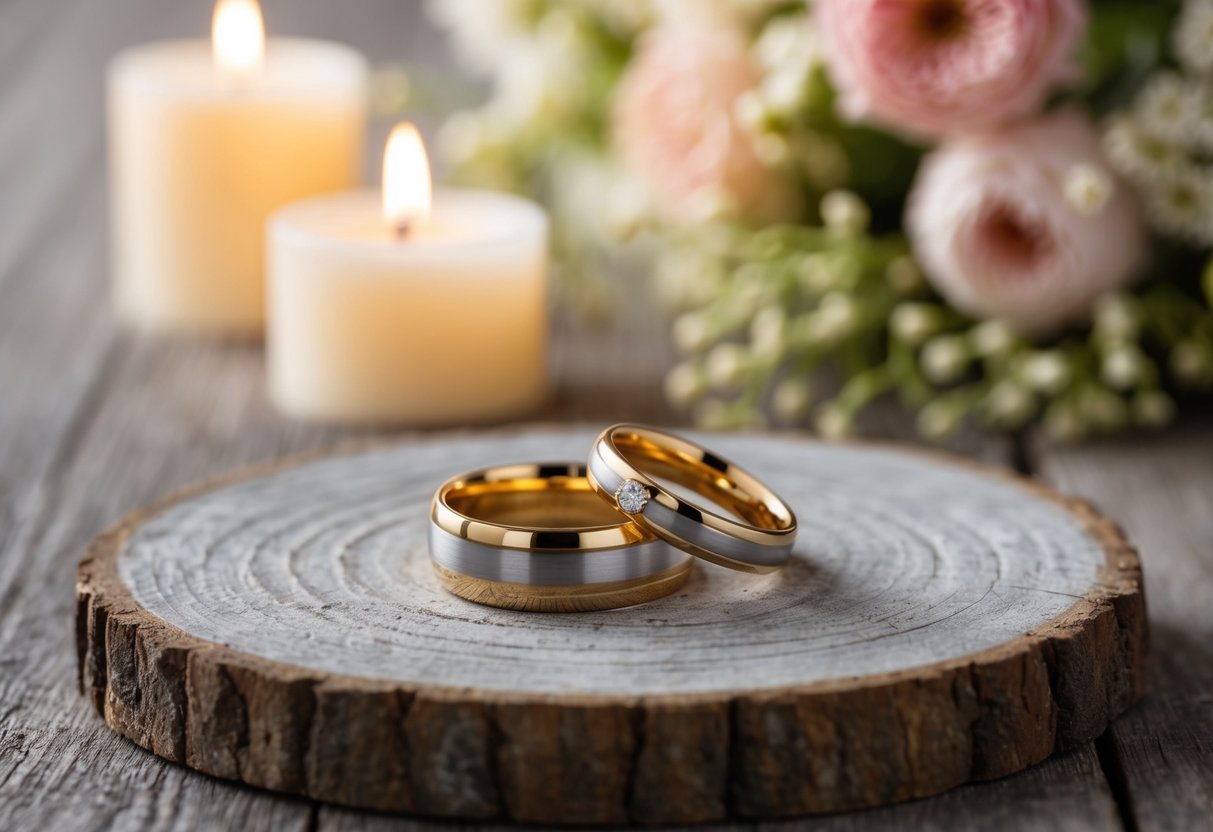 A pair of elegant gold wedding rings placed on a rustic wooden surface with a soft, romantic background of flowers and candles