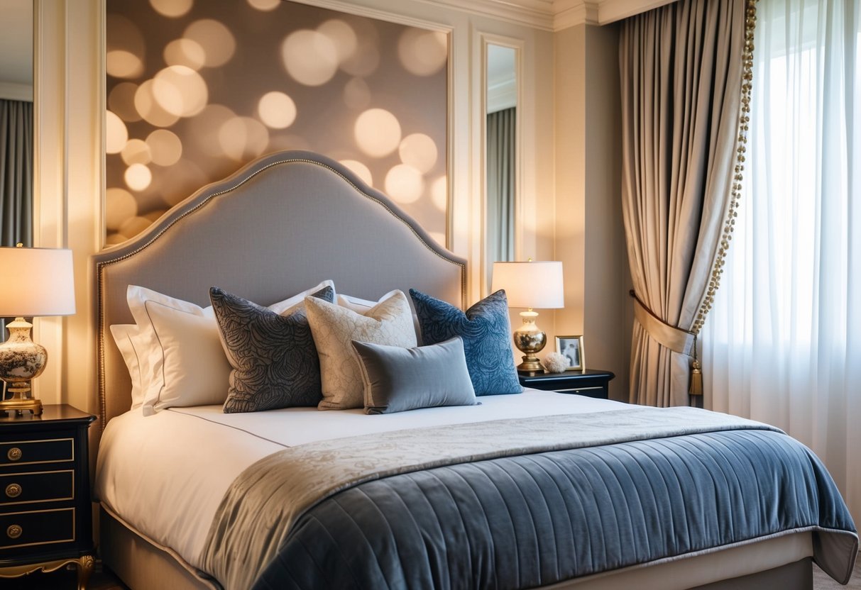 A cozy bedroom with a stylish bed, adorned with luxurious bedding and decorative pillows, set against a backdrop of elegant curtains and soft lighting