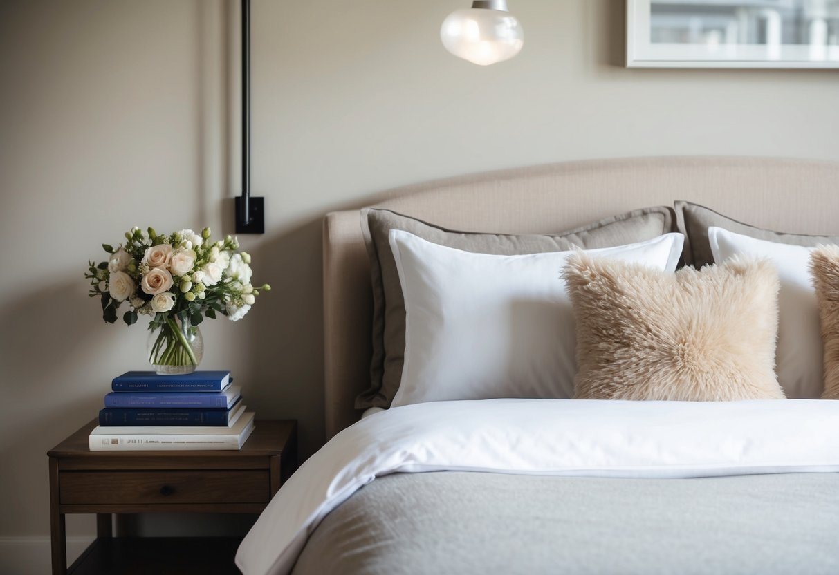 A cozy bedroom with a neatly made bed, adorned with fluffy pillows and a soft duvet. A bedside table holds a stack of books and a vase of fresh flowers