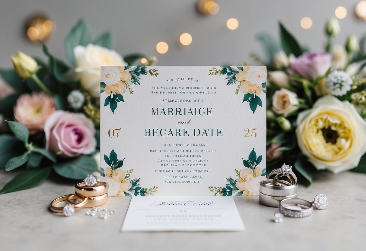 A beautifully designed wedding invitation with the marriage date prominently displayed, surrounded by engagement rings and floral decorations