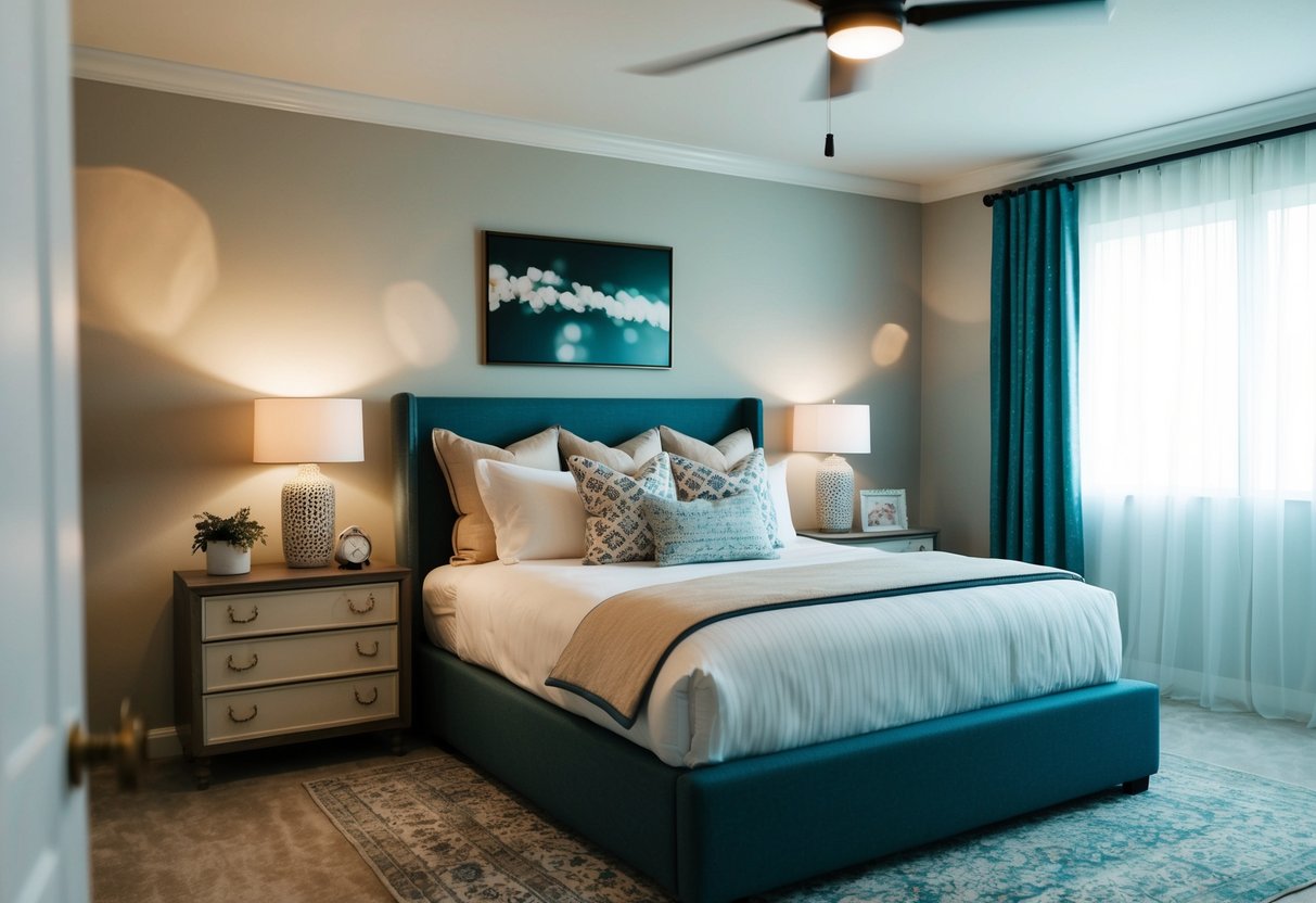 A bedroom with a bed, bedding, pillows, and decor