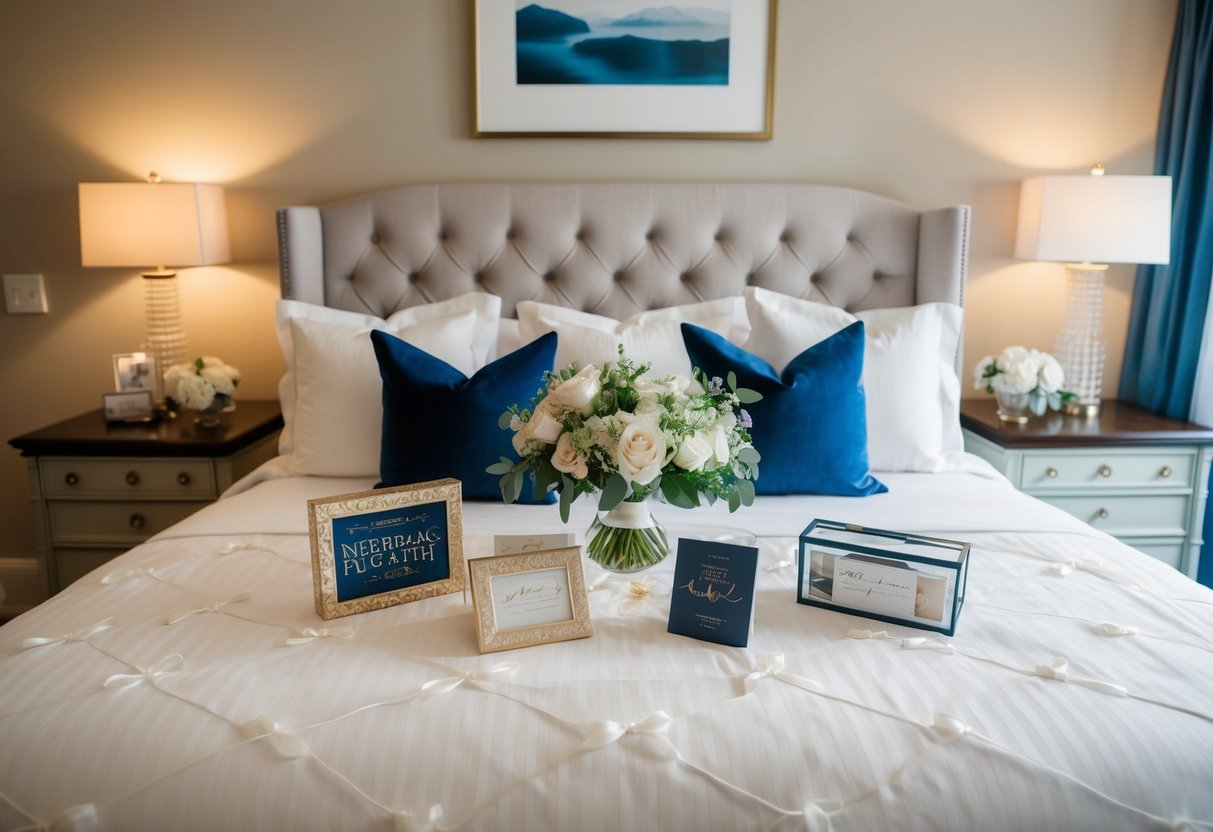 A cozy bedroom with a beautifully made bed, surrounded by elegant decor and wedding registry items
