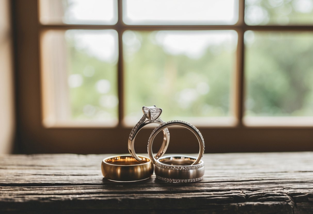 A pair of elegant wedding rings placed on a rustic wooden surface with soft natural lighting streaming in from a nearby window