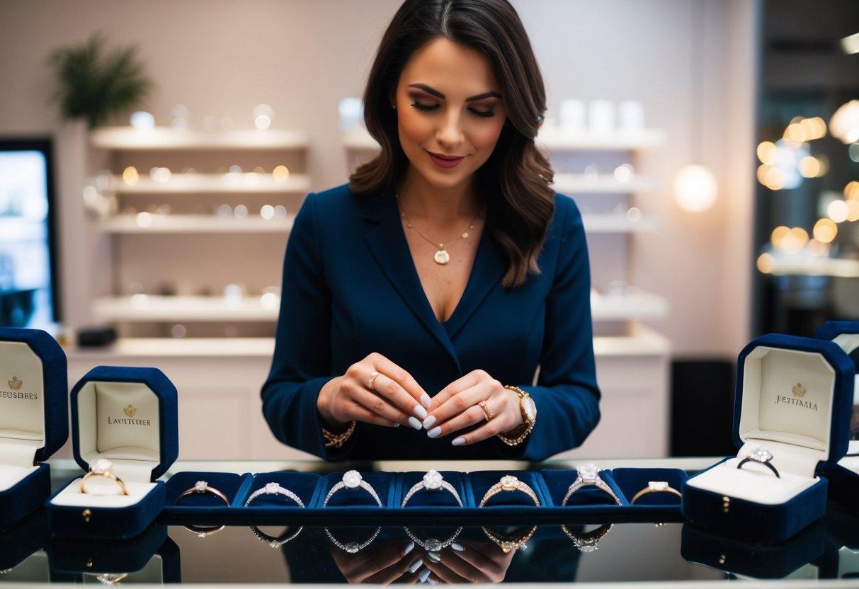 A woman examines a selection of wedding bands on a jeweler's counter
