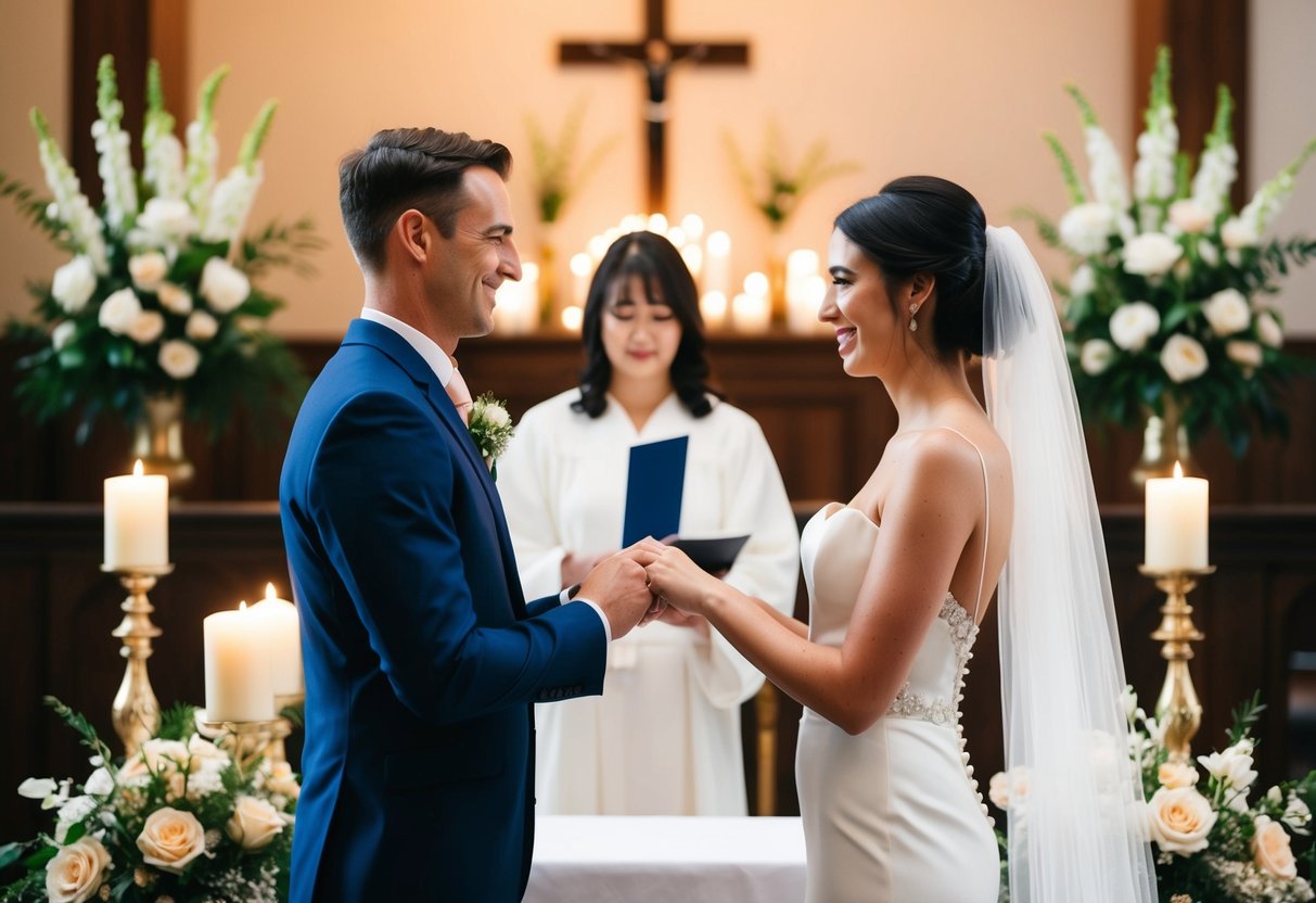A bride and groom exchanging vows at the altar, surrounded by flowers and candles