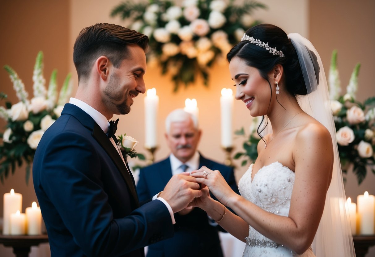 A bride and groom exchanging rings at the altar, surrounded by flowers and candles