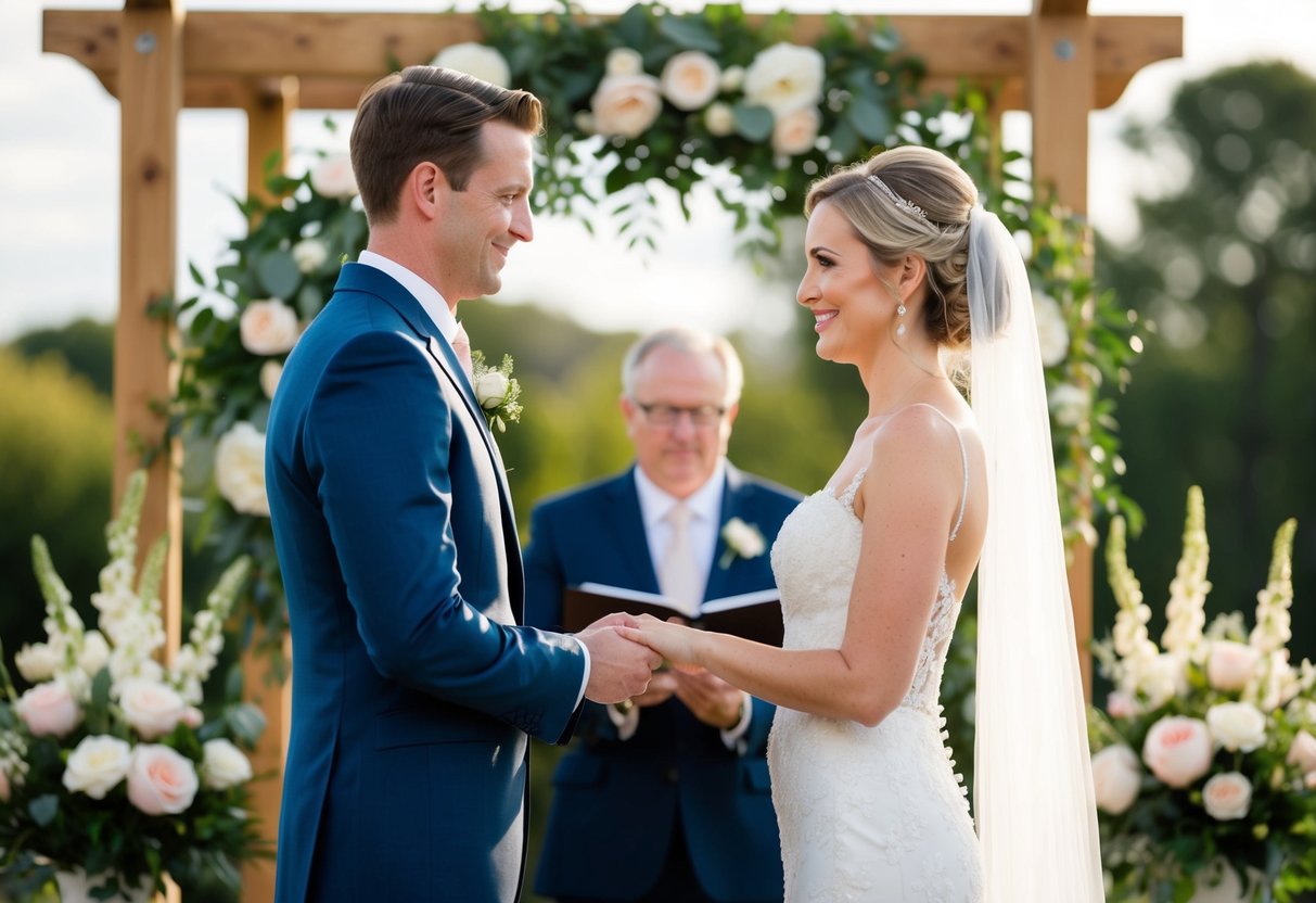 A bride and groom standing at the altar, exchanging vows with a beautiful backdrop of flowers and greenery