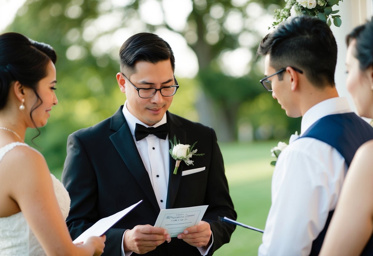A wedding officiant checking the identification of witnesses before the ceremony