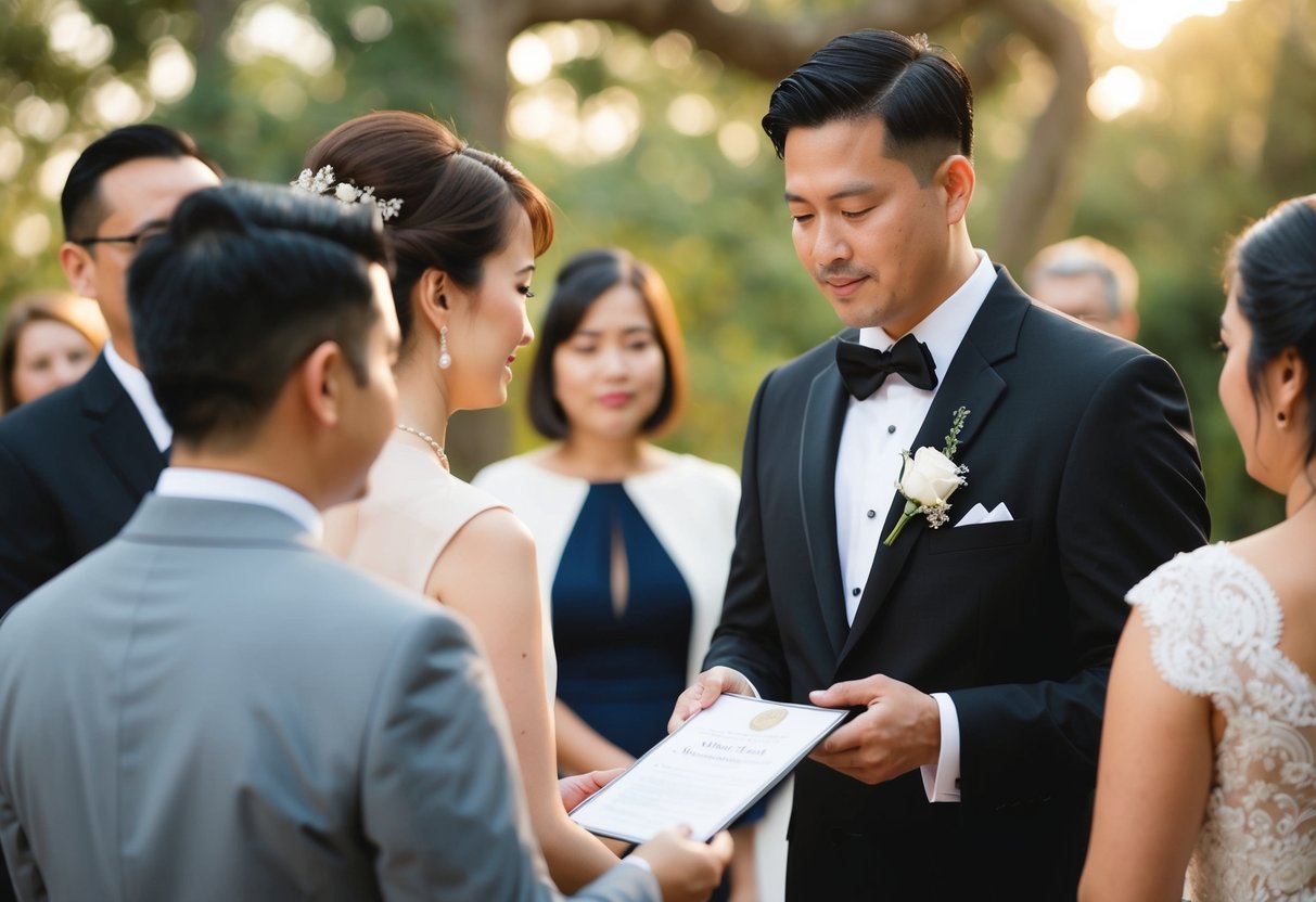 A wedding officiant checking the identification of witnesses before the ceremony