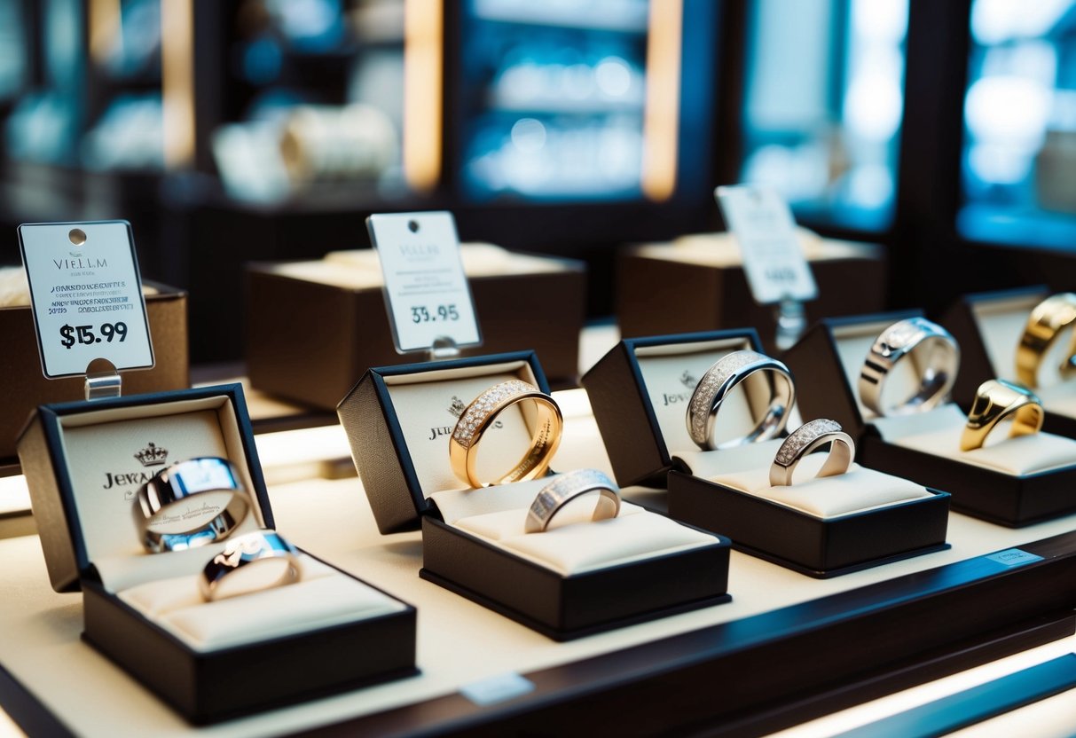 A jeweler's display showcasing a variety of men's wedding bands in different metals and styles, with price tags and elegant packaging
