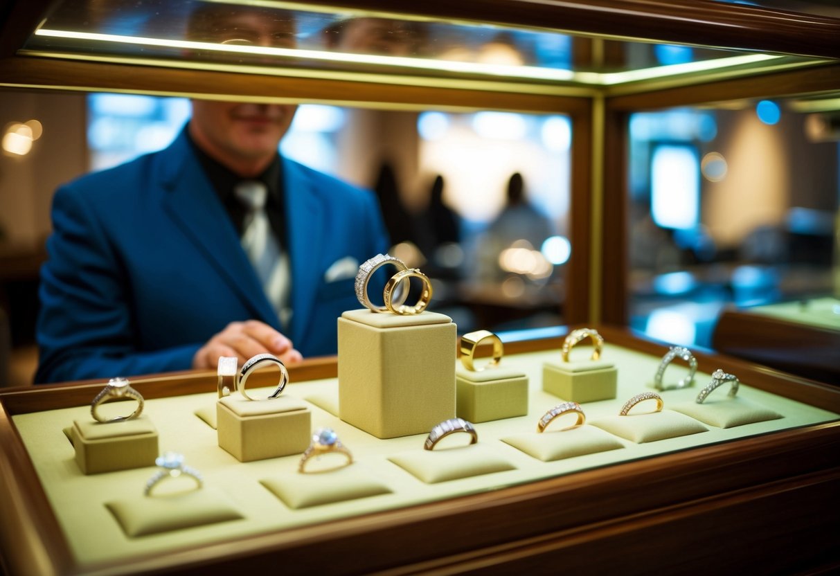 A jeweler presenting a variety of wedding bands in a well-lit display case