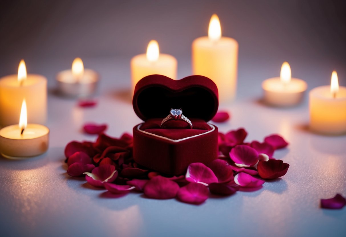 A heart-shaped ring box sits on a bed of rose petals, surrounded by flickering candles and soft, romantic lighting