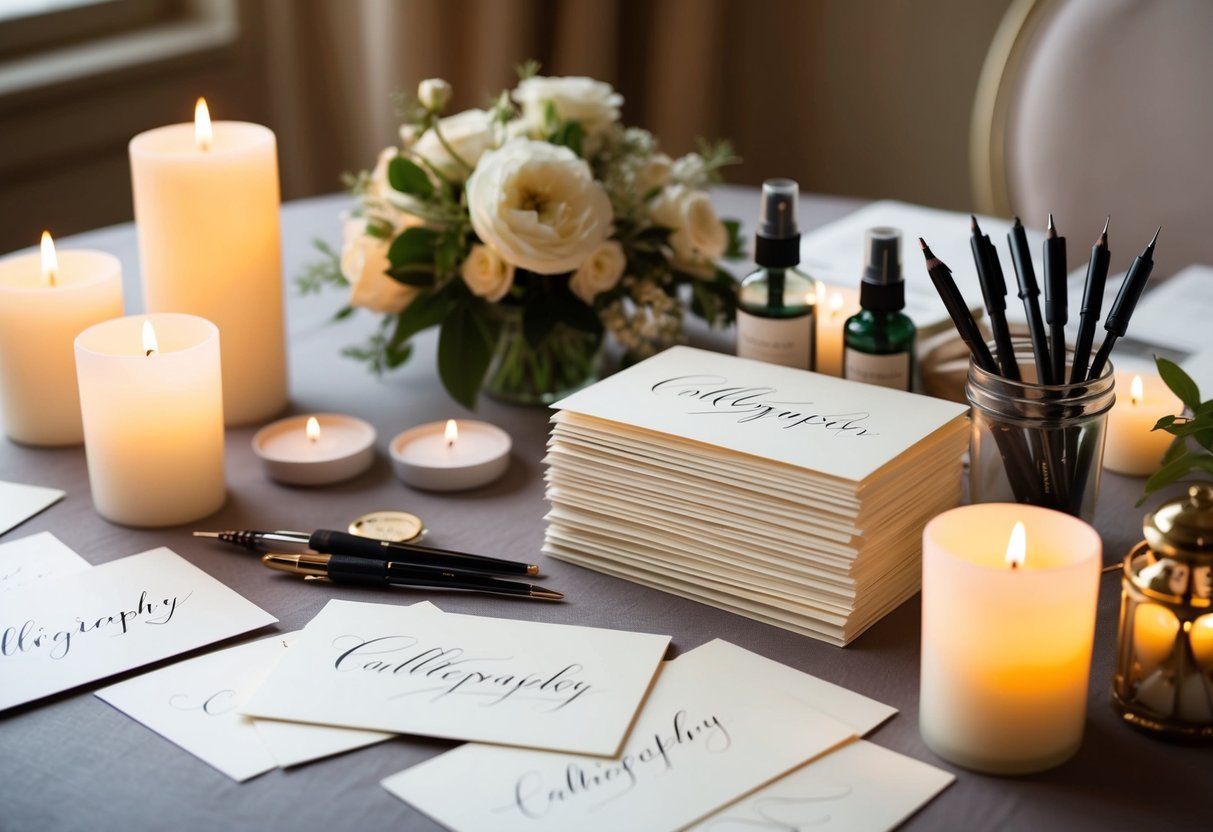 A table adorned with elegant calligraphy supplies and a stack of blank, ivory-colored wedding cards, surrounded by soft candlelight