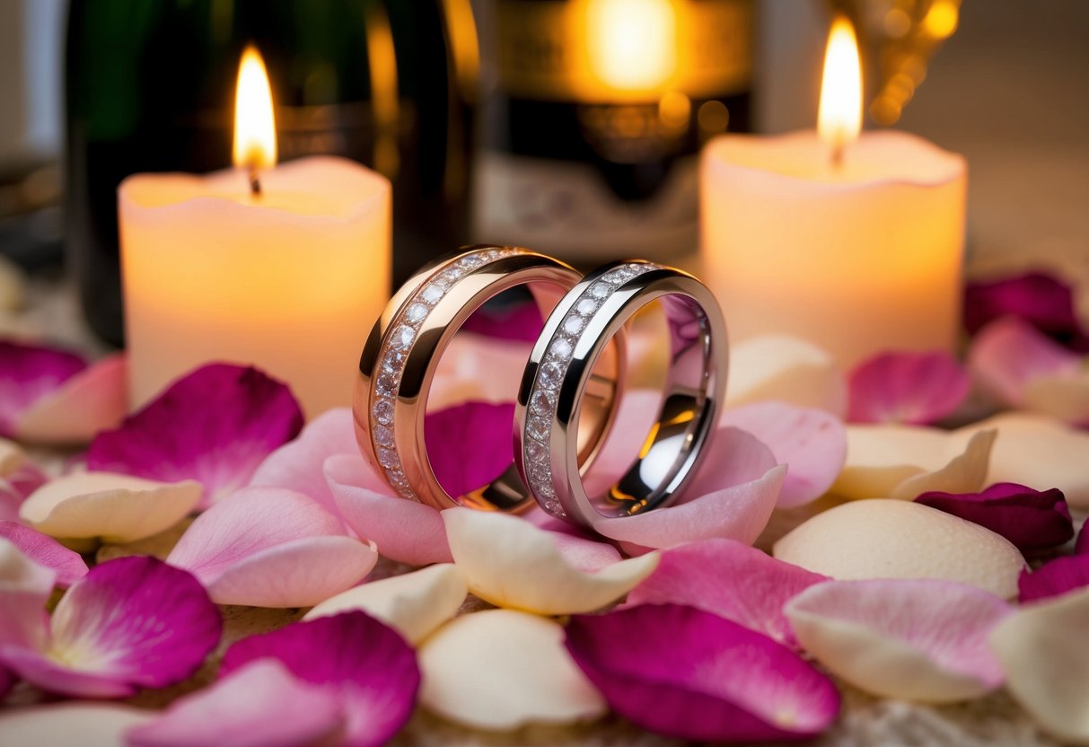 A pair of interlocked wedding rings on a bed of rose petals, surrounded by flickering candles and a bottle of champagne