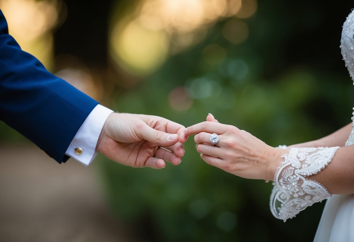 A British couple exchanging wedding rings on their right hands
