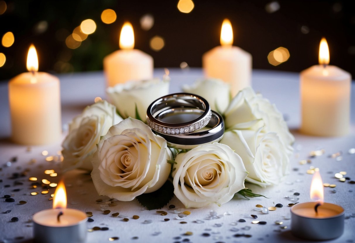 A pair of intertwined wedding rings resting on a bed of delicate white roses, surrounded by flickering candles and a scattering of confetti