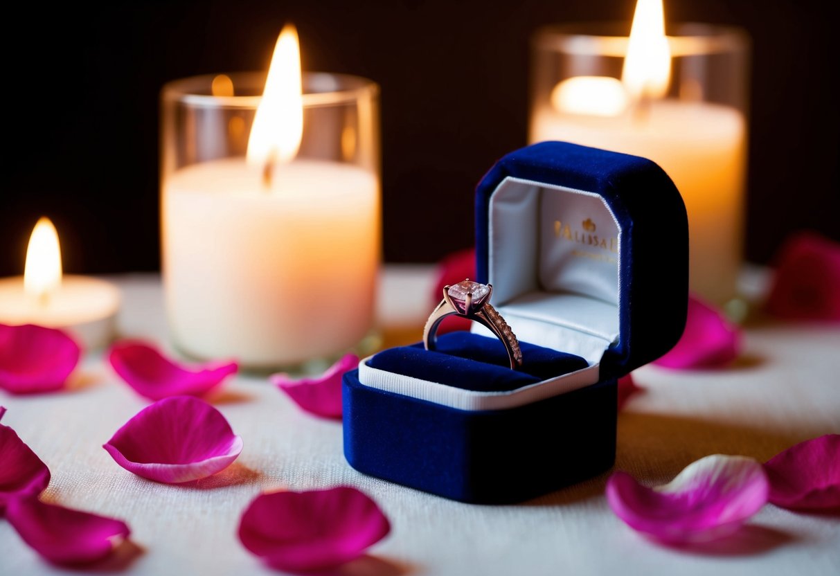 A wedding band placed on a velvet ring box, surrounded by soft candlelight and rose petals