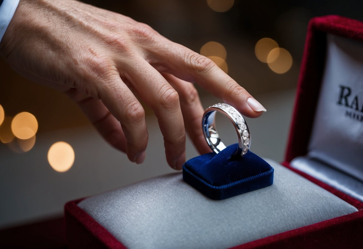 A hand reaching for a wedding band displayed on a velvet cushion