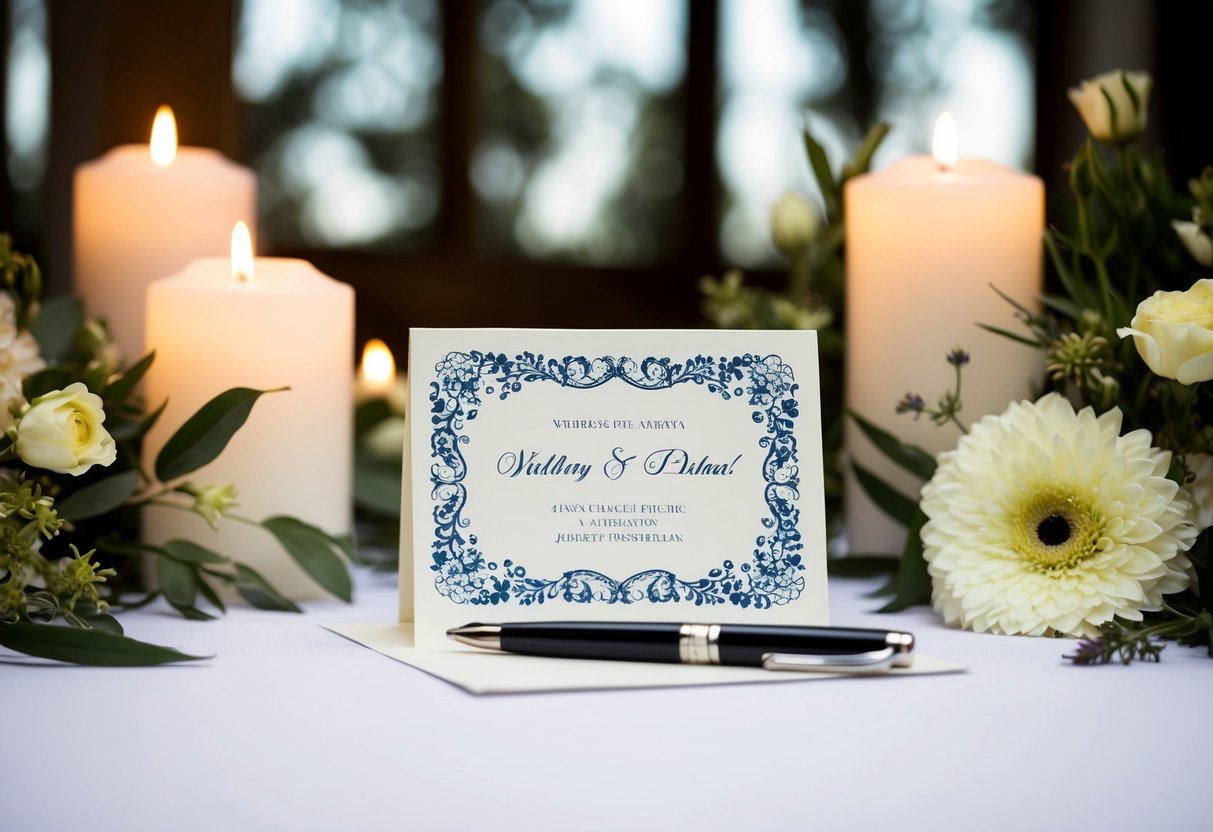 A table with a decorative wedding card and pen, surrounded by flowers and candles
