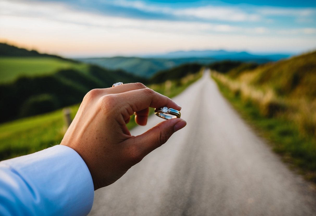 A person's hand holding a wedding band, with a pathway leading to a scenic destination in the background