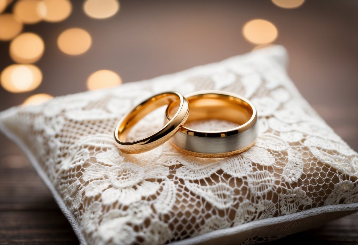 A pair of gold wedding rings resting on a delicate lace pillow