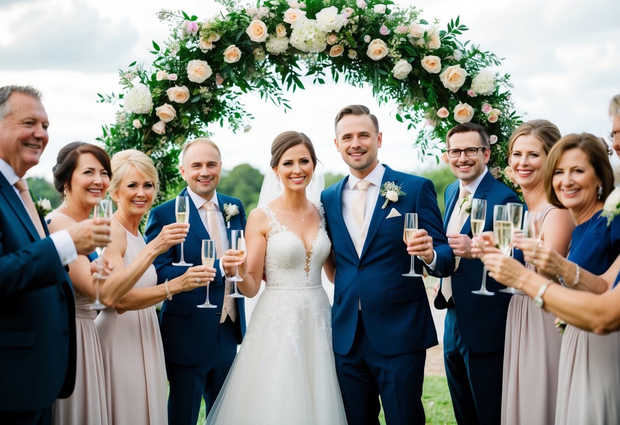 A bride and groom standing under a floral arch, surrounded by happy guests holding champagne glasses