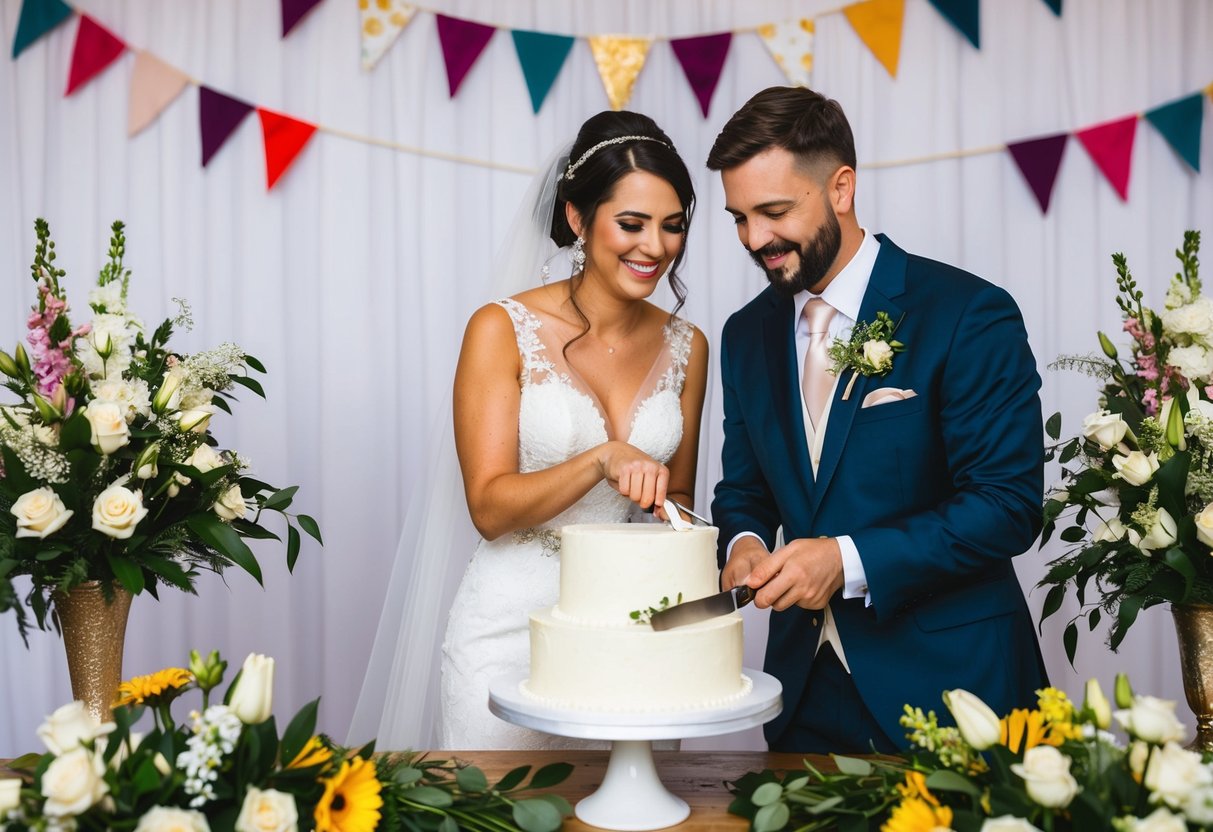 A bride and groom cutting a wedding cake surrounded by flowers and decorative banners