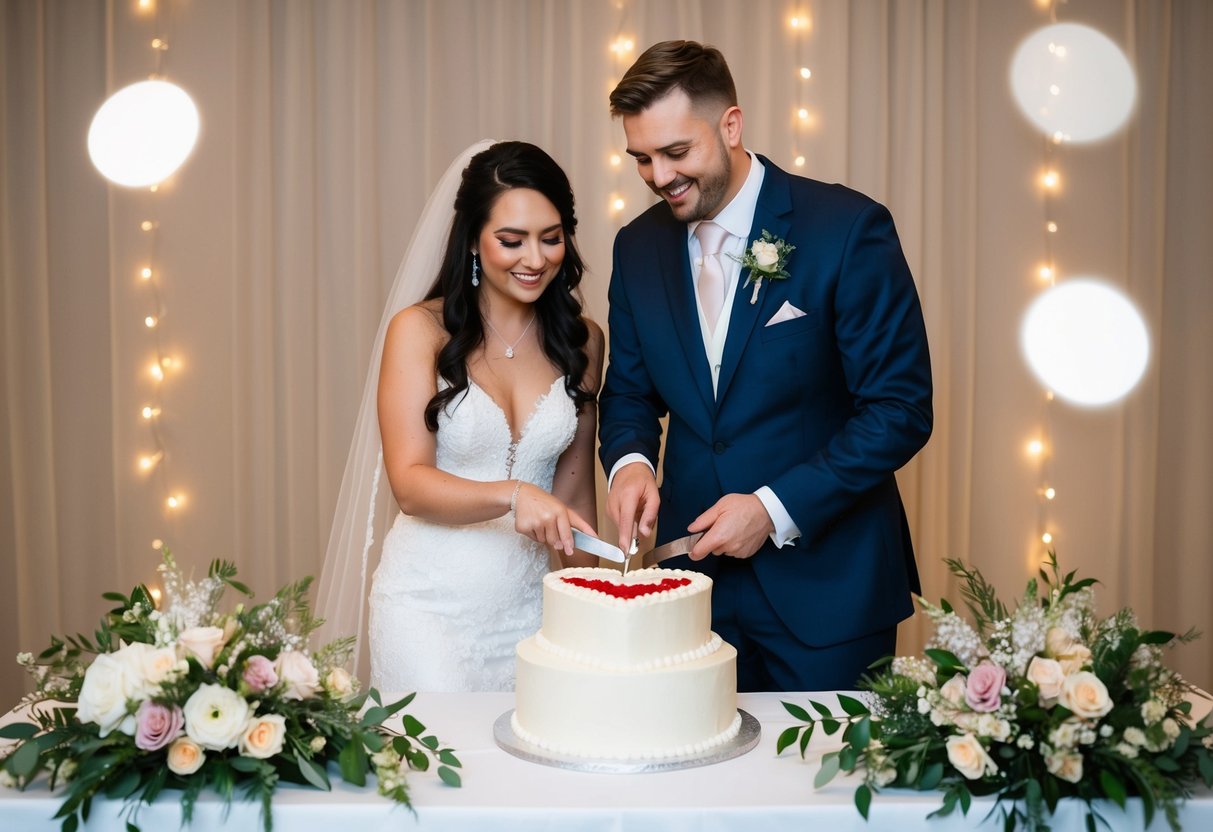 A bride and groom cutting a cake with a heart-shaped topper, surrounded by floral arrangements and twinkling fairy lights