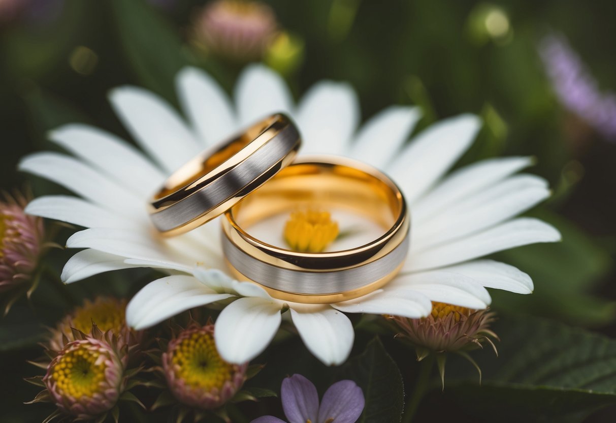 A pair of golden wedding bands resting on a bed of fresh flowers
