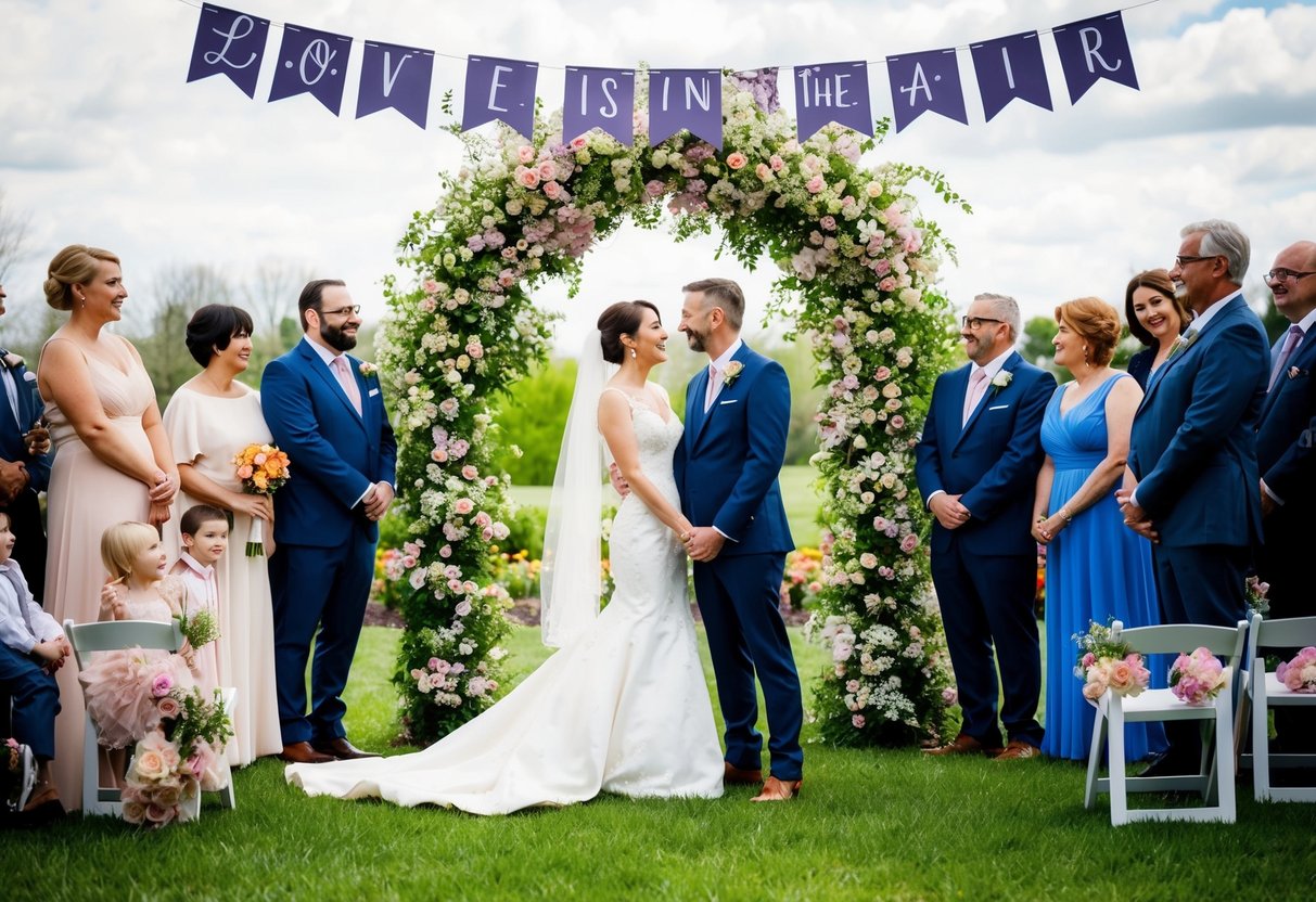 A bride and groom stand beneath a blooming arch, surrounded by friends and family, with a banner overhead reading "Love is in the air."