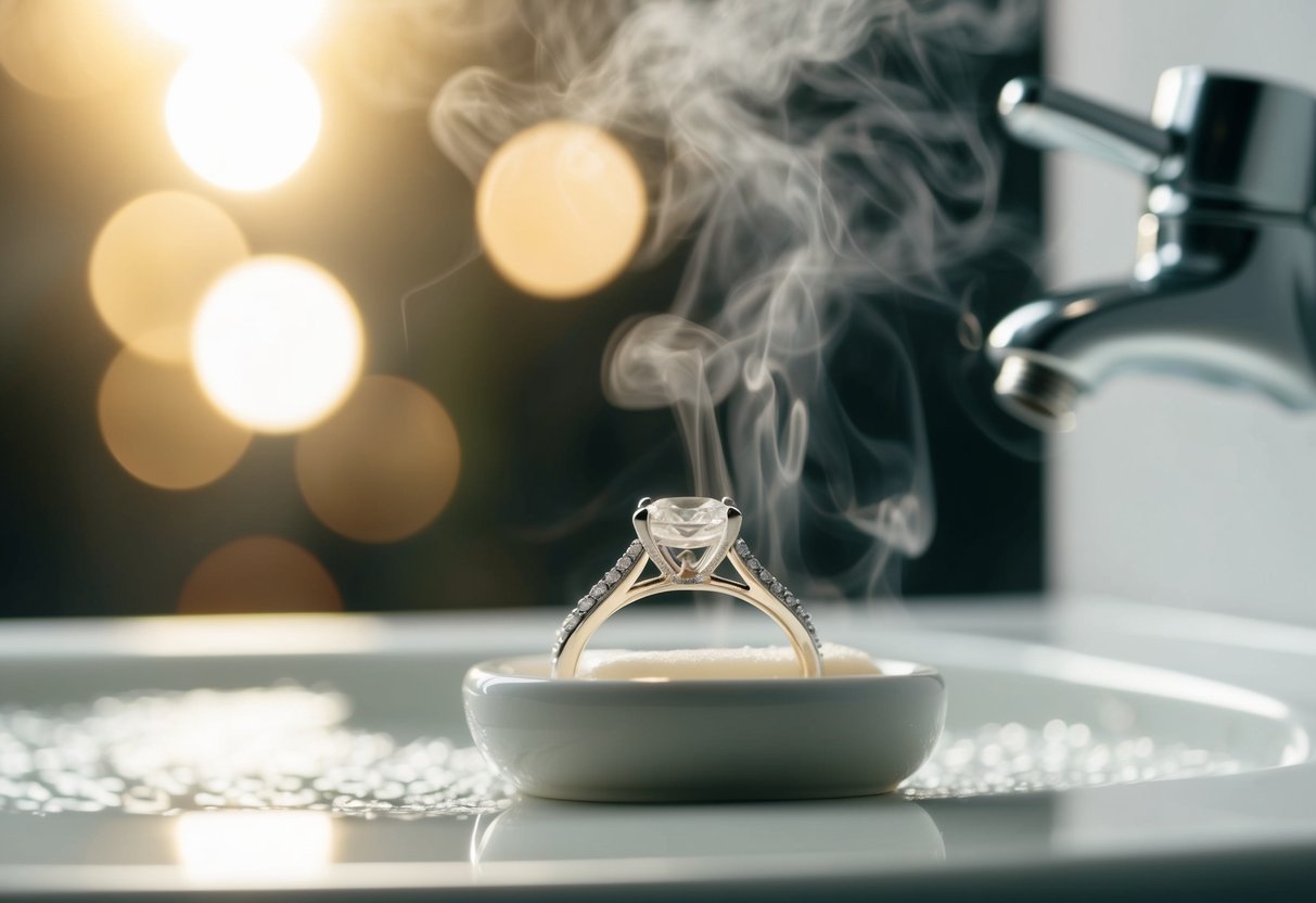 A sparkling wedding ring sits on a soap dish next to a steaming shower