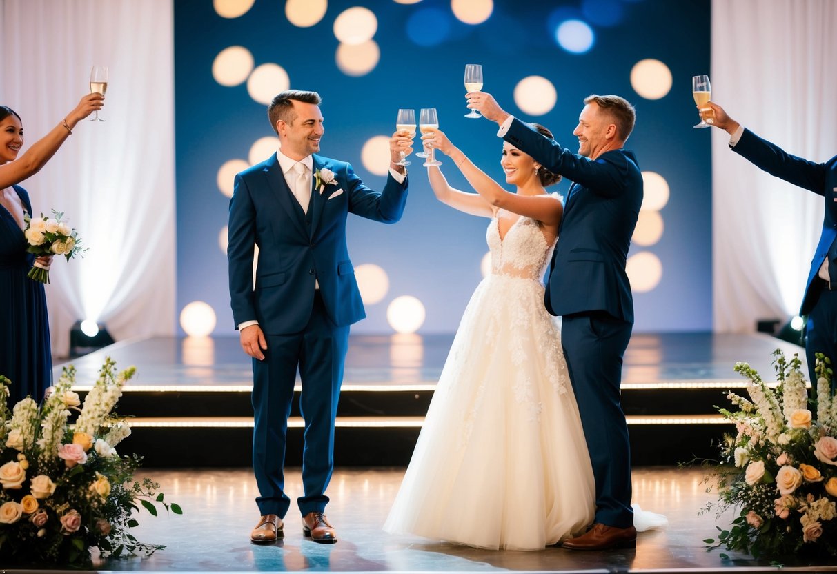 A couple standing on a stage, surrounded by flowers and twinkling lights, as they raise their glasses for a toast