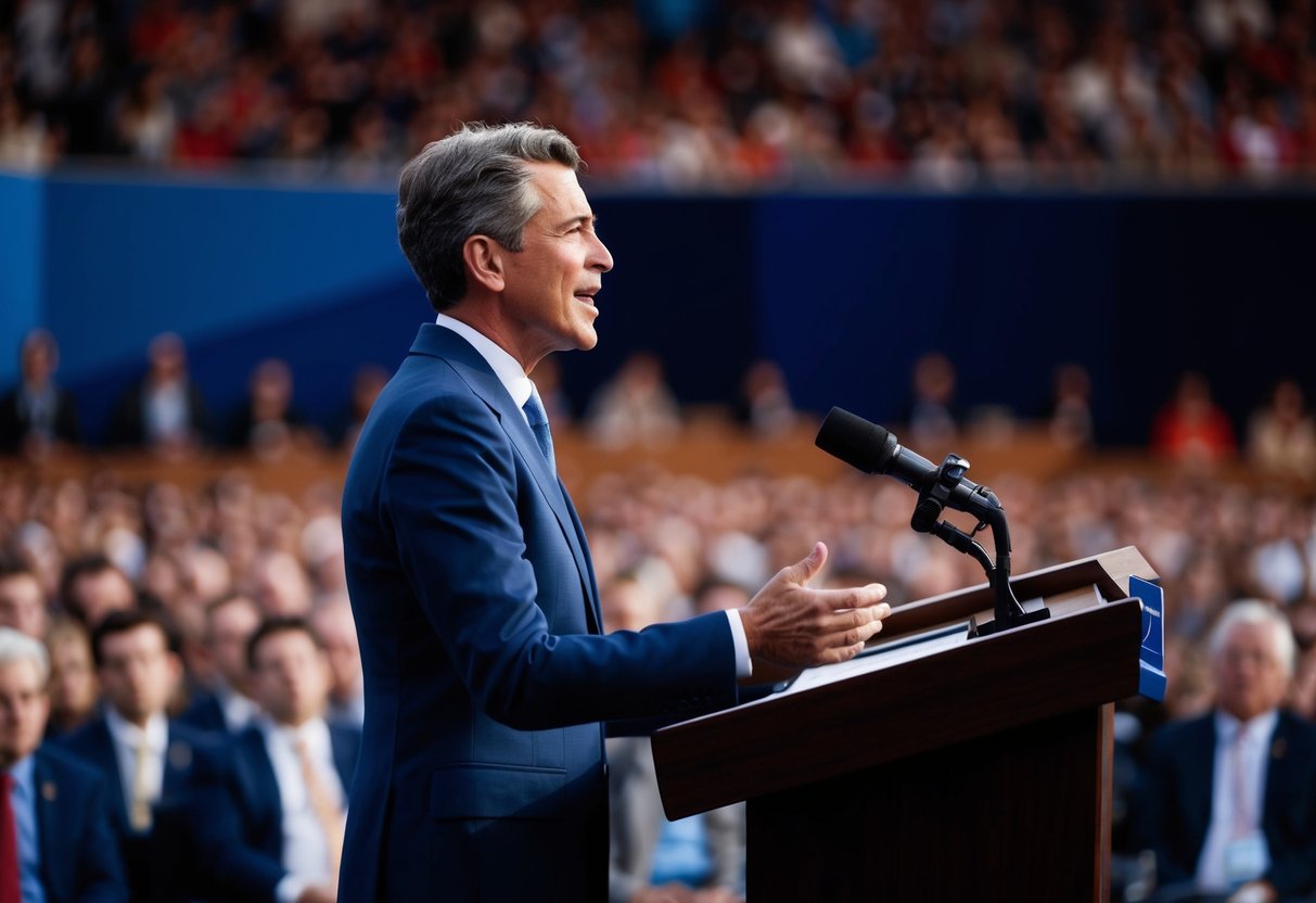 A person standing at a podium, speaking confidently to a crowd