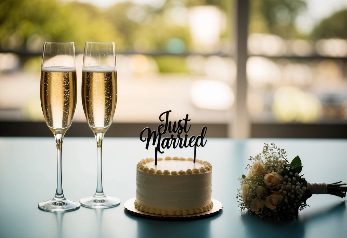 A small wedding announcement: two champagne glasses clinking, a simple cake with a "Just Married" topper, and a small bouquet on a table