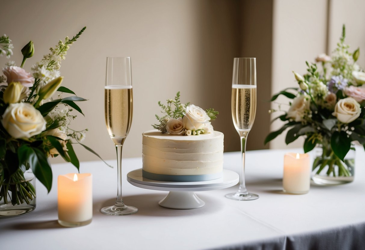 A small wedding cake with two elegant champagne glasses on a table, surrounded by delicate flower arrangements and soft candlelight