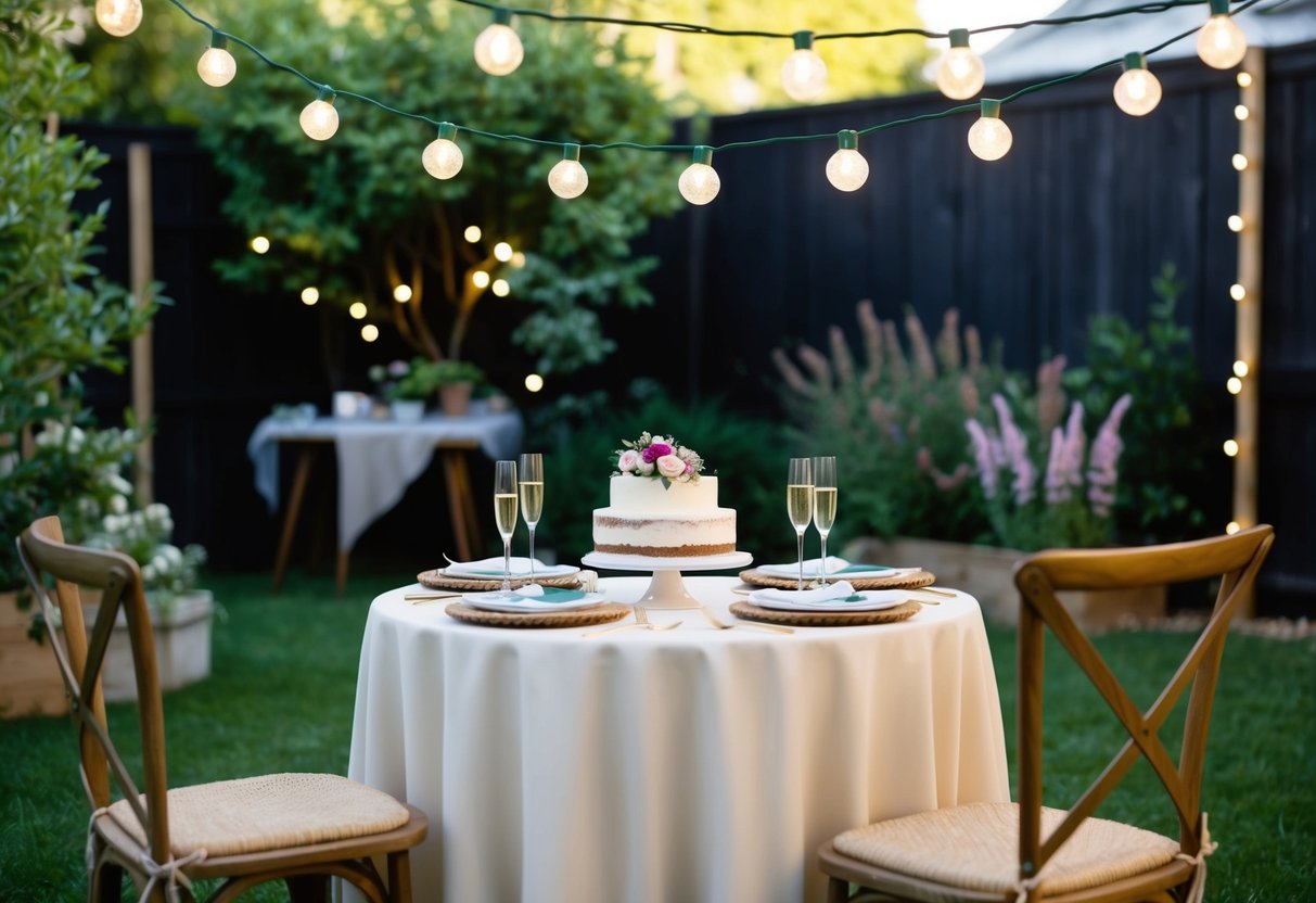 A cozy backyard with a small, intimate wedding setup, adorned with fairy lights and floral decorations. A simple yet elegant table setting with a small cake and champagne glasses