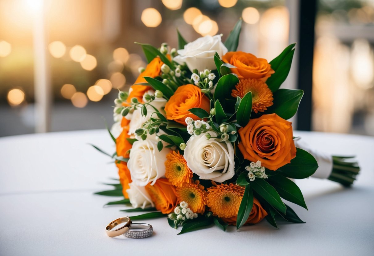 A bouquet of flowers and a pair of wedding rings on a table