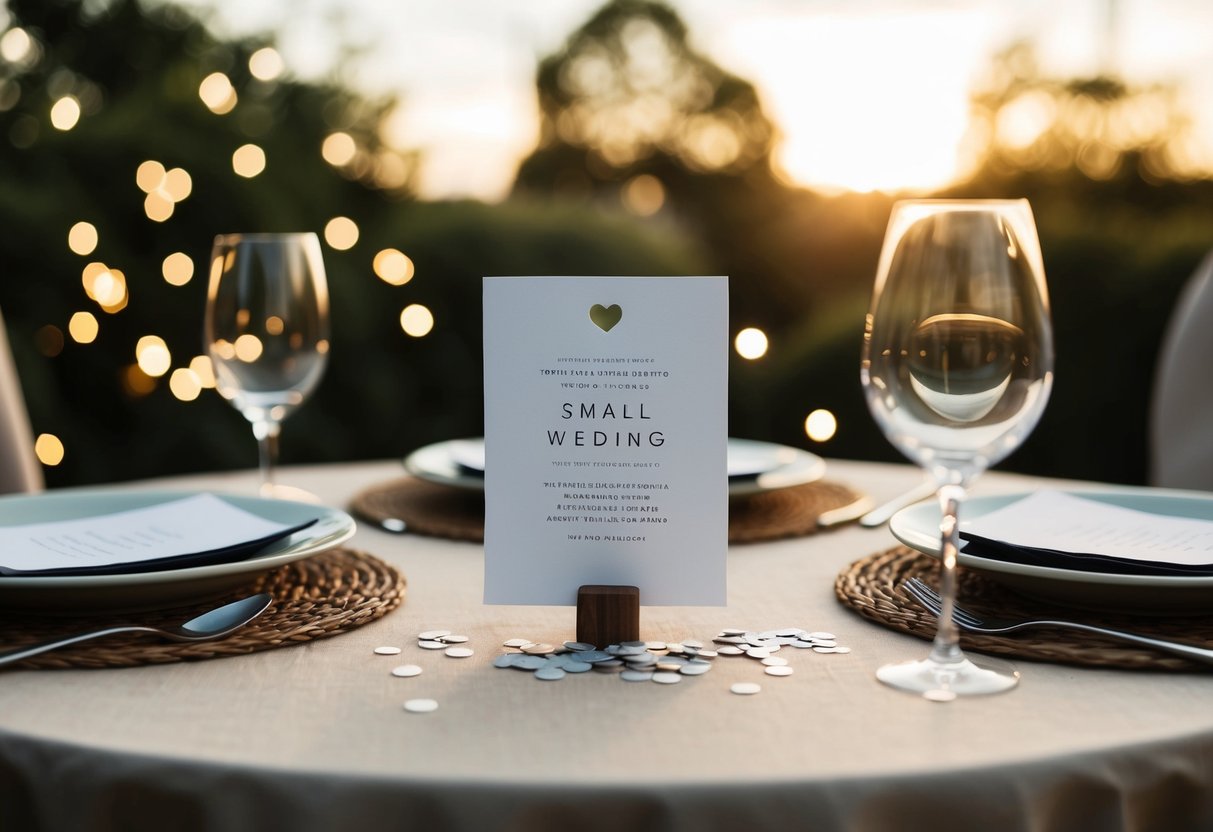 A couple’s small wedding announcement: a cozy table set with a simple, elegant invitation and a scattering of confetti