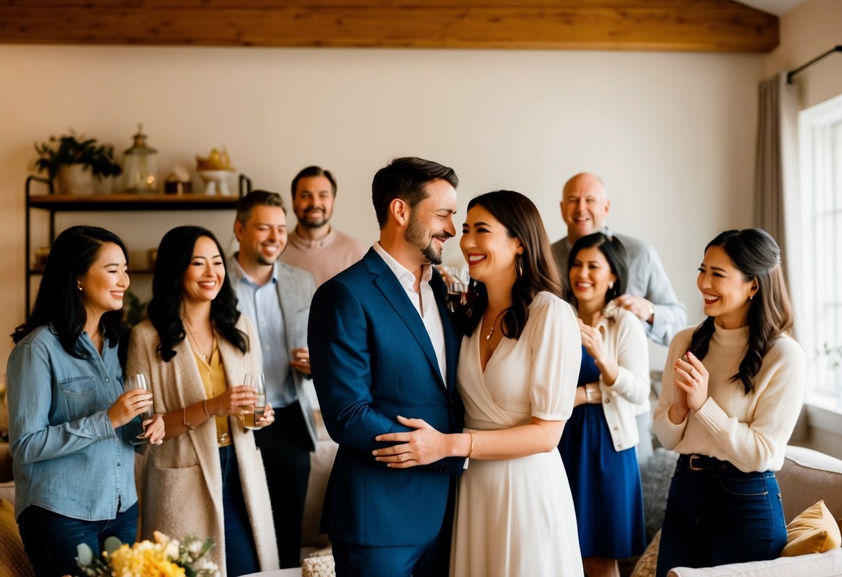 A couple standing in a cozy, intimate setting, surrounded by a few close friends and family. The scene is warm and joyful, with soft lighting and a relaxed atmosphere