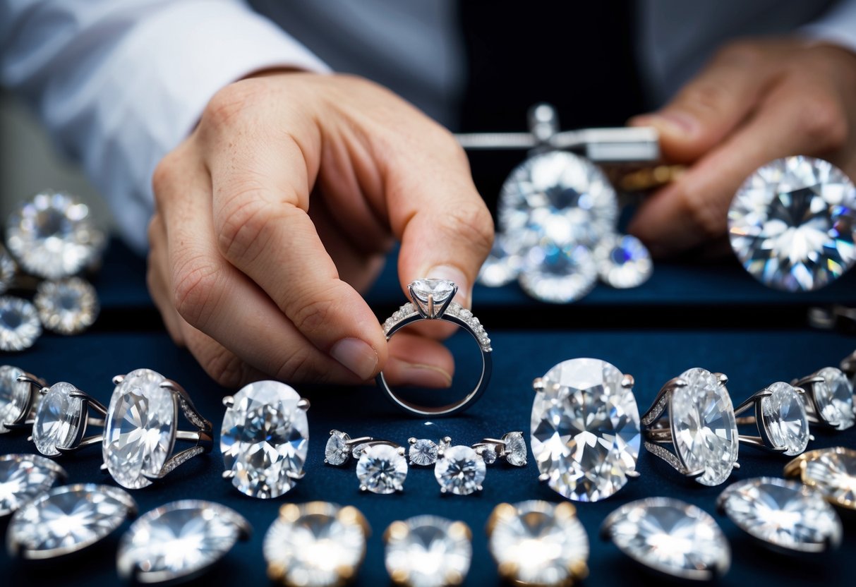 A jeweler carefully examines and measures a sparkling diamond ring, surrounded by an array of gleaming precious stones and fine metalwork