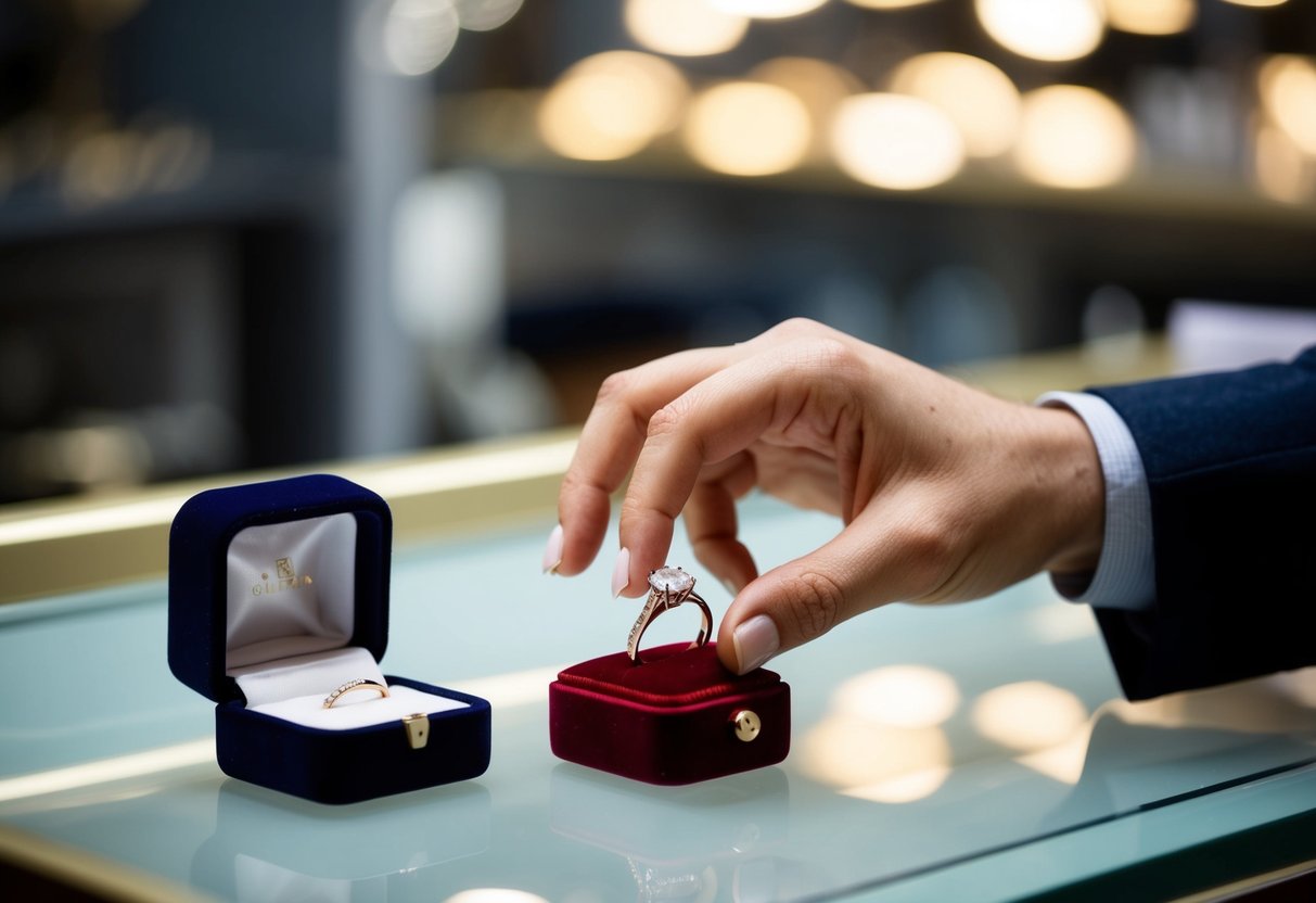 A hand reaches for a sparkling engagement ring in a velvet box on a jeweler's counter