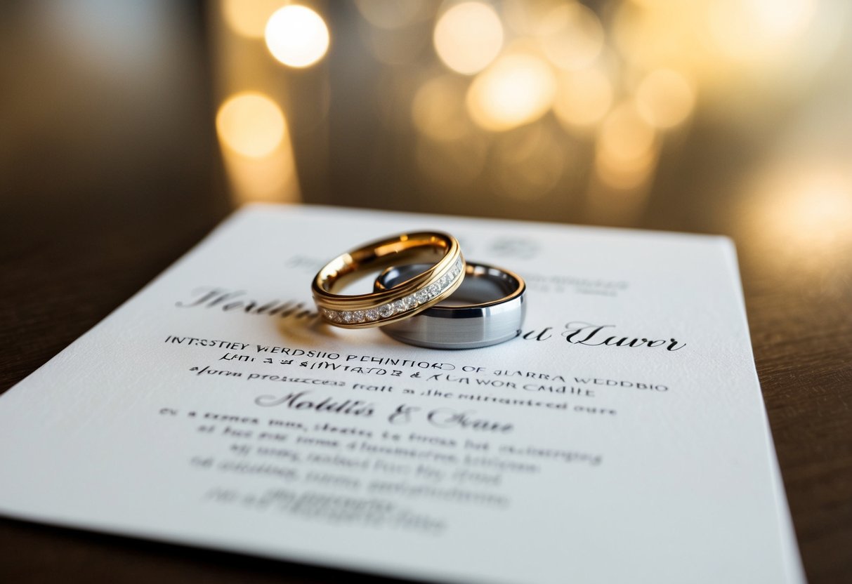 A wedding invitation lying on a table, with two elegant, intertwined rings resting on top