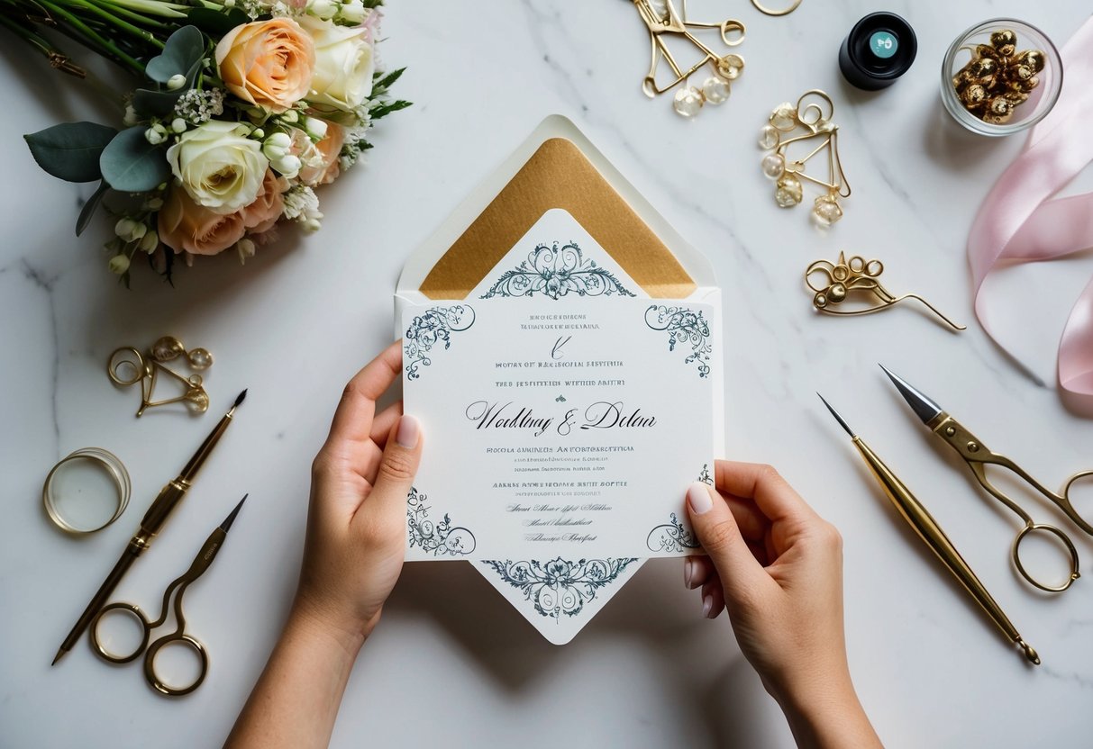 A hand holding a wedding invitation with a decorative envelope, surrounded by elegant calligraphy tools and a bouquet of flowers
