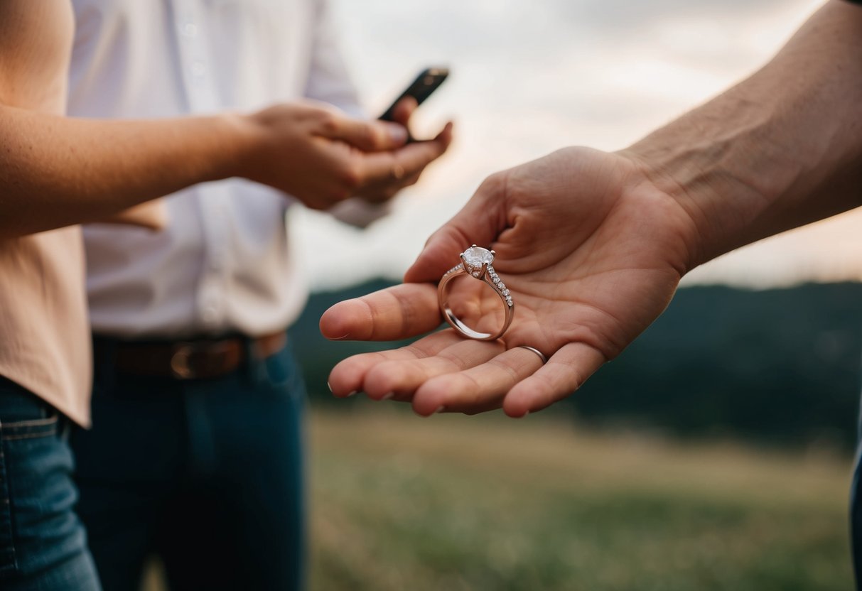 A man's hand holding out an engagement ring to another person