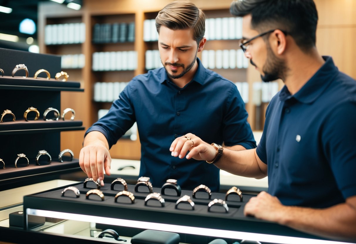 A man browsing through a selection of men's rings, discussing customization options with a salesperson