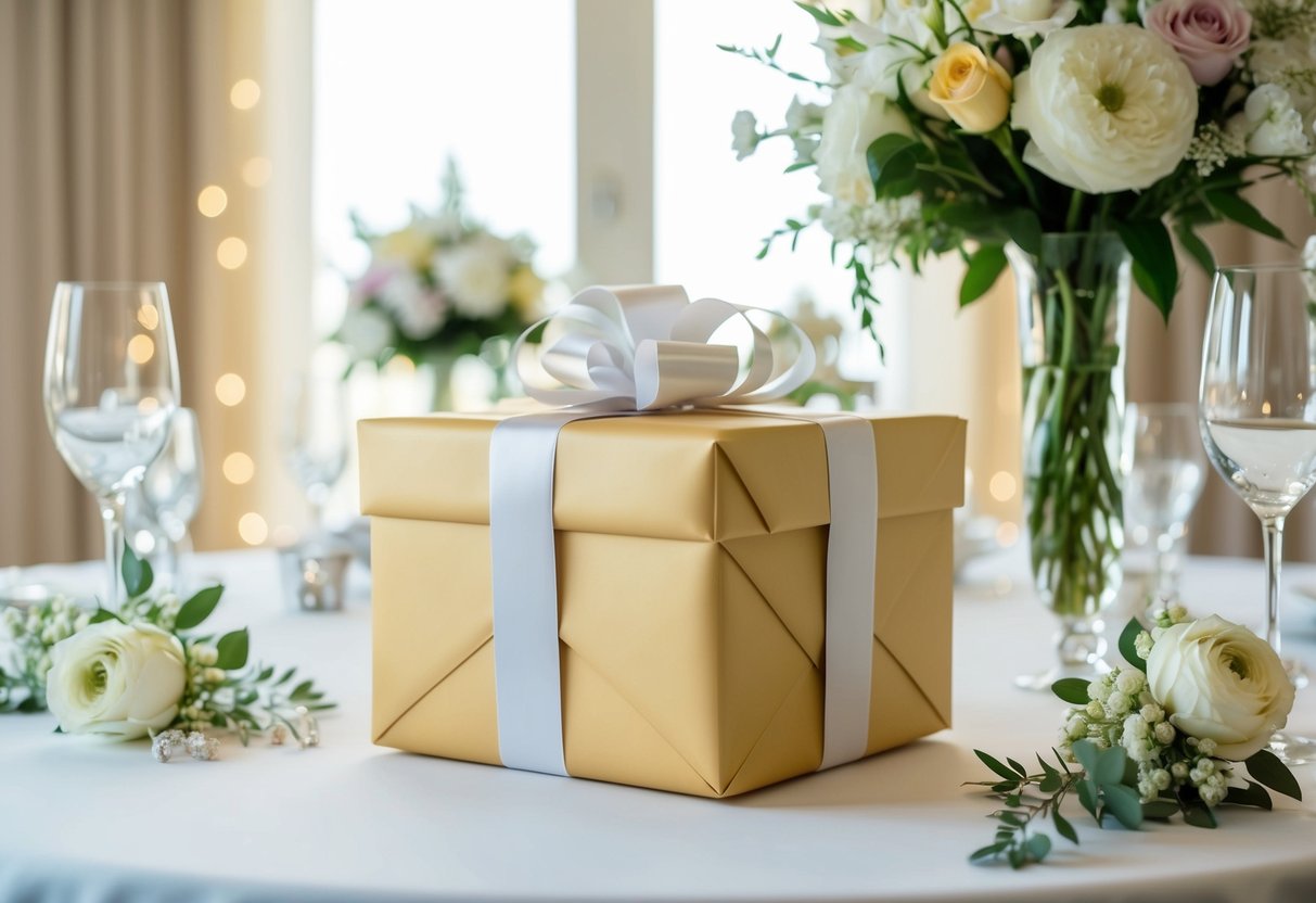 A beautifully wrapped gift box sits on a table, surrounded by elegant wedding decorations and flowers